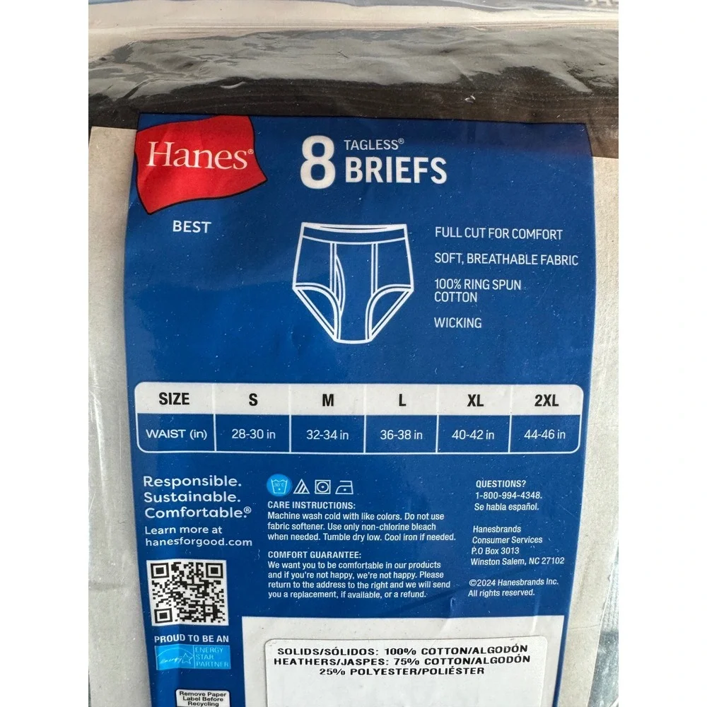 Hanes Men's Large 8 Pack Tagless Cotton Briefs Cool Comfort Moisture Wicking NWT